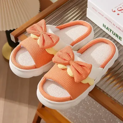 winter Bow Linen Slippers for Women